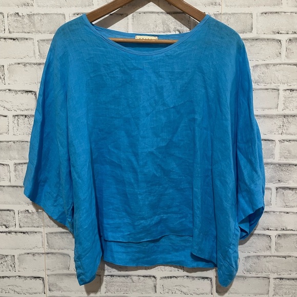 Women’s Stark X 100% linen blue scoop neck loose fit 3/4 sleeve top Medium - Picture 1 of 5
